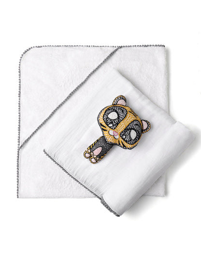 3 Pc Newborn Essential Set - Hooded Towel, Swaddle + Toy Rattle