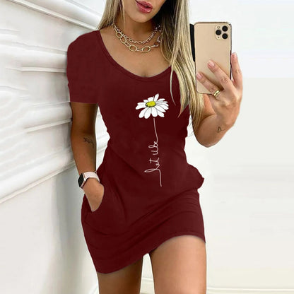 Women'S Bodycon Dress 2021 Fashion Flowers Printed Mini Dress Shorts Dresses Summer Women Waist Waist Short Sleevele Dress