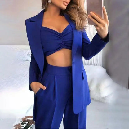 3Pcs/Set Women Suits Blazer Coat Pants Top Summer Single Button Sling Breathable Turndown Collar Office Lady Jacket  Dress Suit