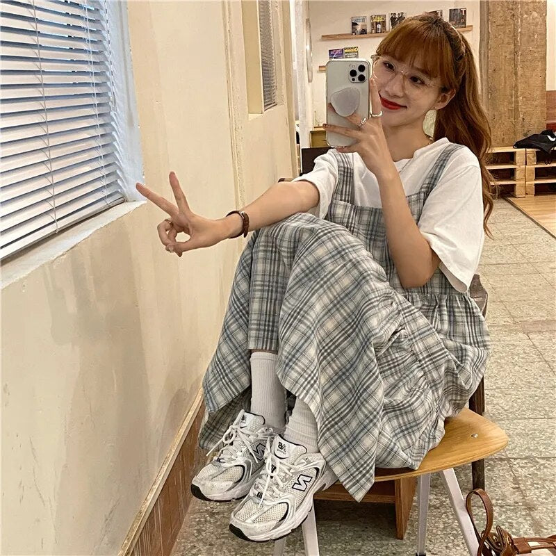 Dresses Women Lovely Preppy Style Square Collar Fashion High Street Summer All-match Plaid Chic Female Party Wear Ulzzang Daily