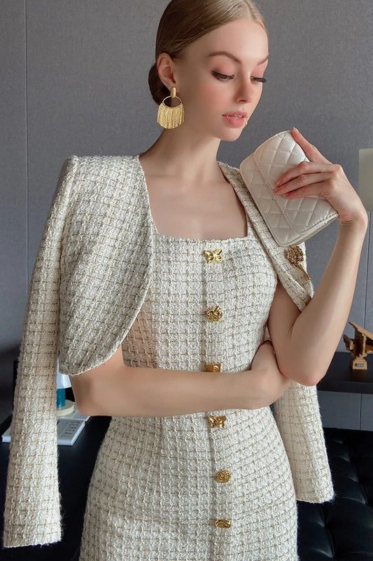 Dabuwawa Spring Autumn Female Vintage Women Two Piece Trend Tweed Dress Suit Split Set Skirt Dress 2023 DF1CSA012