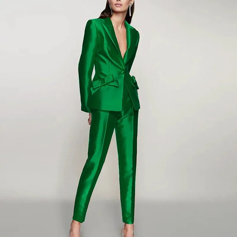 Women Casual Long Sleeve Suit And Pencil Pants Suits Solid Fashion Bright Fabric Sets Office Lady Elegant Bowknot Blazer Outfits