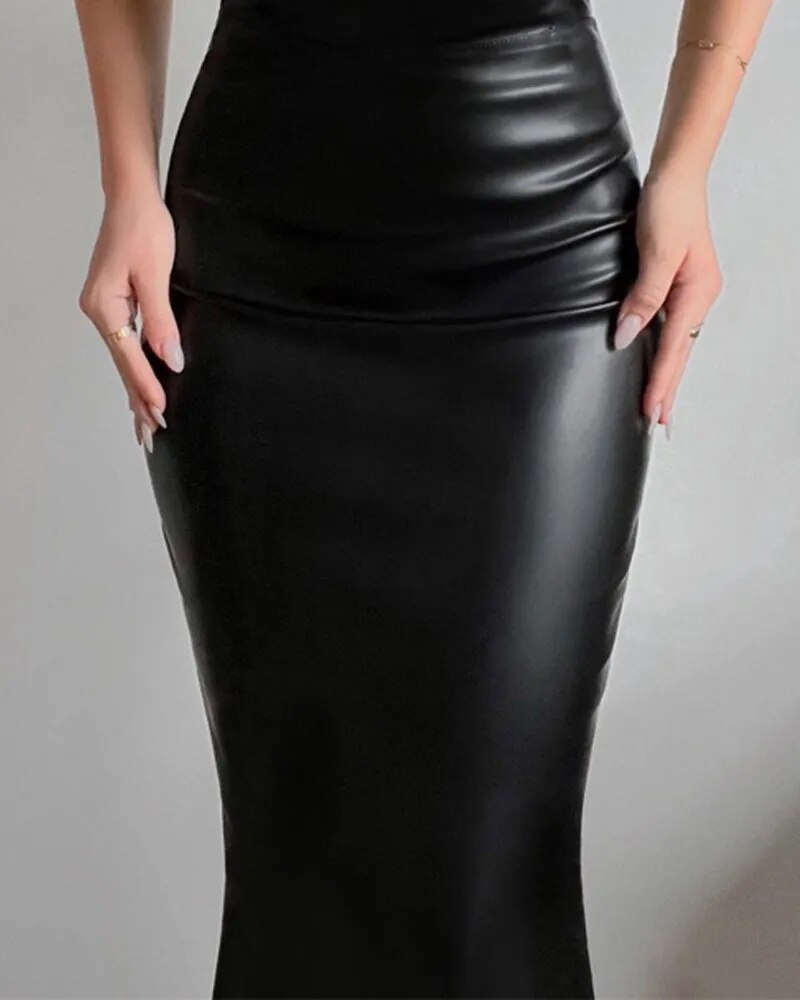 Sleeveless PU Leather Bodycon Dress Women Long Slim Skinny Solid Color Fashion Casual Ankle Length Dress
