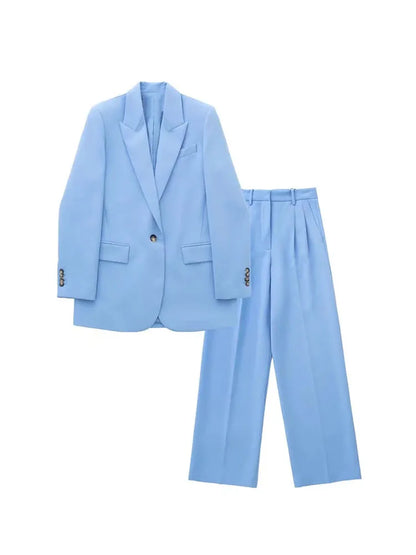 Women's Trouser Suit Blue Blazer Pant Suits Spring Women's Formal Outfits Office Lady Pants Sets One Button Spring Blazer Jacket