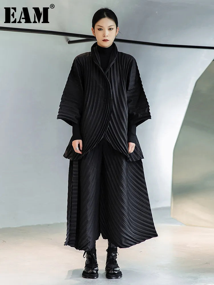 [EAM] Wide Leg Pants Pleated Two Piece Suit New Turtleneck Long Sleeve Black Loose Fit Women Fashion Spring Autumn 2023 1DE3064