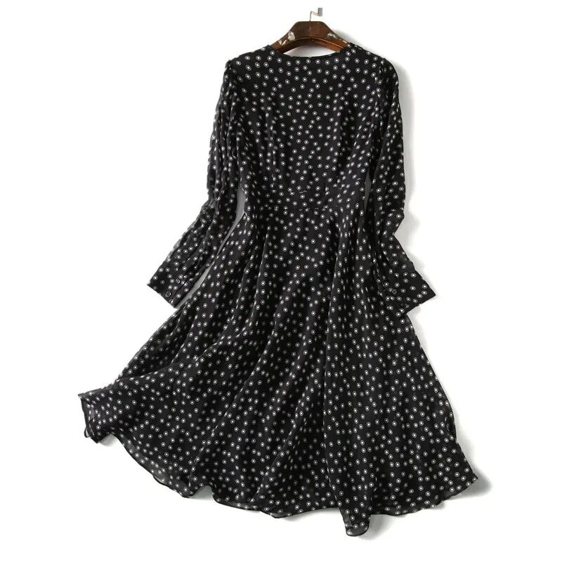 Polka Dot Print Chiffon Elegant Dresses for Women 2023 Summer New Vintage Fashion V-Neck Half Sleeve Casual Ladies Midi Dress