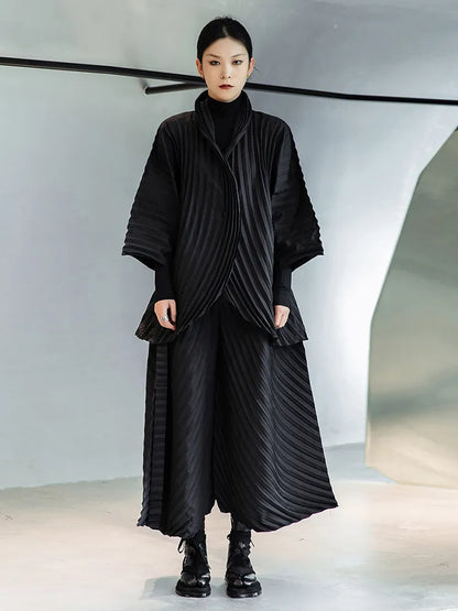 [EAM] Wide Leg Pants Pleated Two Piece Suit New Turtleneck Long Sleeve Black Loose Fit Women Fashion Spring Autumn 2023 1DE3064