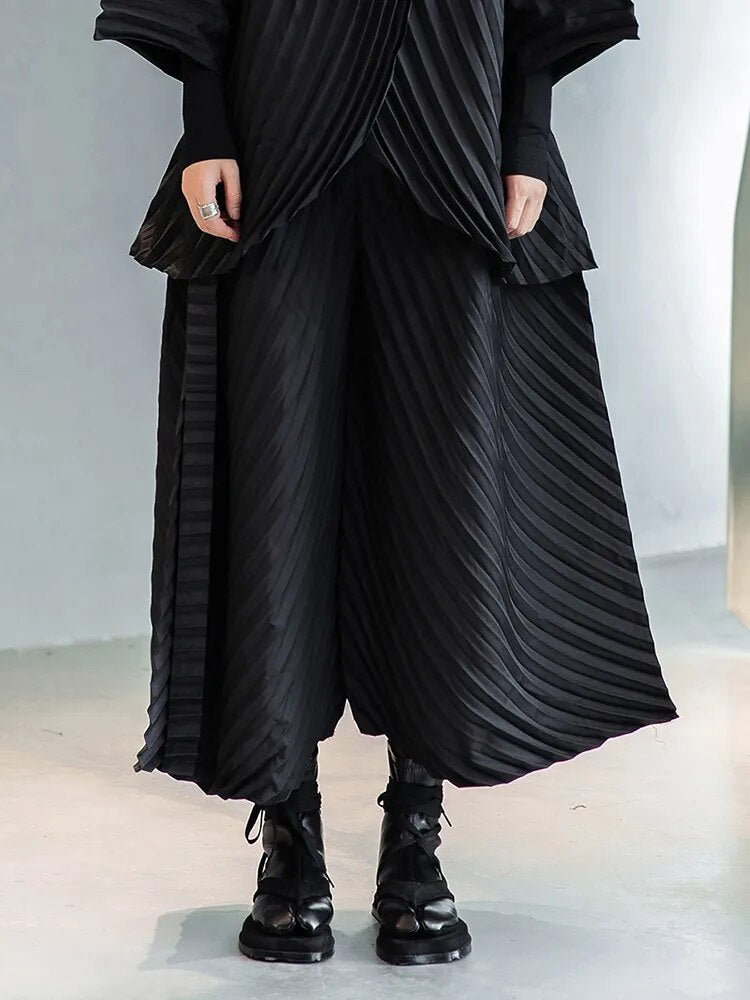 [EAM] Wide Leg Pants Pleated Two Piece Suit New Turtleneck Long Sleeve Black Loose Fit Women Fashion Spring Autumn 2023 1DE3064