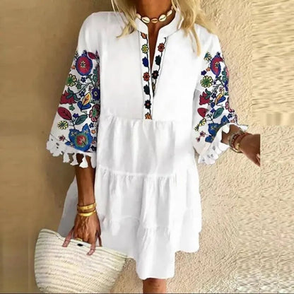 Summer New White Vintage Women Dress Fashion Casual Loose Floral Printed Tunicas Ladies Beach V-neck Ruffle Short Dresses