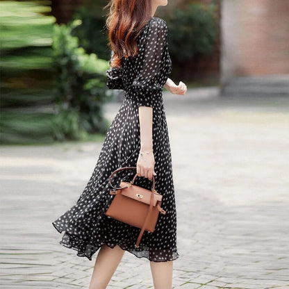 Polka Dot Print Chiffon Elegant Dresses for Women 2023 Summer New Vintage Fashion V-Neck Half Sleeve Casual Ladies Midi Dress