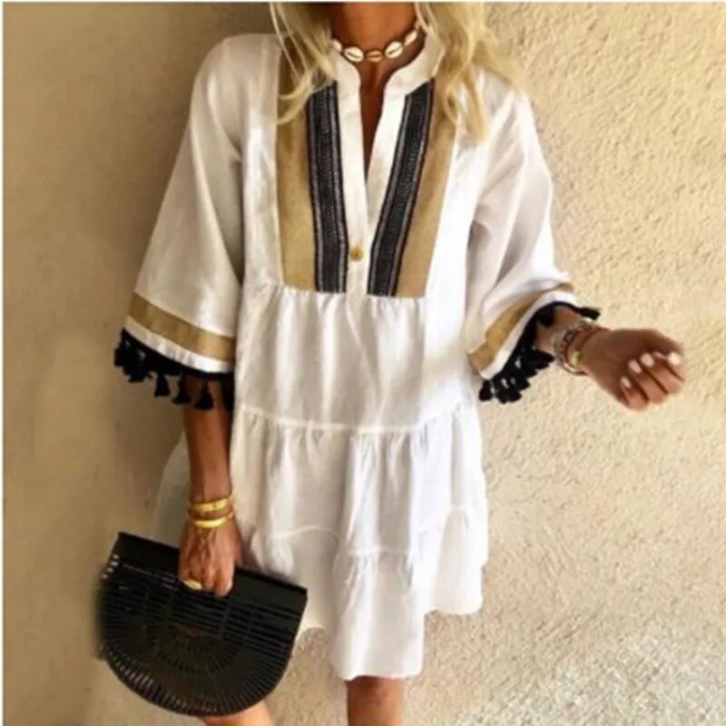 Summer New White Vintage Women Dress Fashion Casual Loose Floral Printed Tunicas Ladies Beach V-neck Ruffle Short Dresses