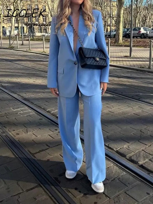 Women's Trouser Suit Blue Blazer Pant Suits Spring Women's Formal Outfits Office Lady Pants Sets One Button Spring Blazer Jacket