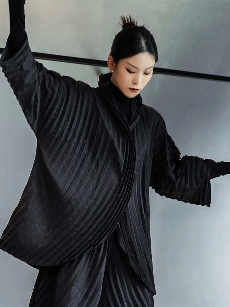 [EAM] Wide Leg Pants Pleated Two Piece Suit New Turtleneck Long Sleeve Black Loose Fit Women Fashion Spring Autumn 2023 1DE3064