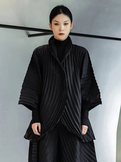 [EAM] Wide Leg Pants Pleated Two Piece Suit New Turtleneck Long Sleeve Black Loose Fit Women Fashion Spring Autumn 2023 1DE3064