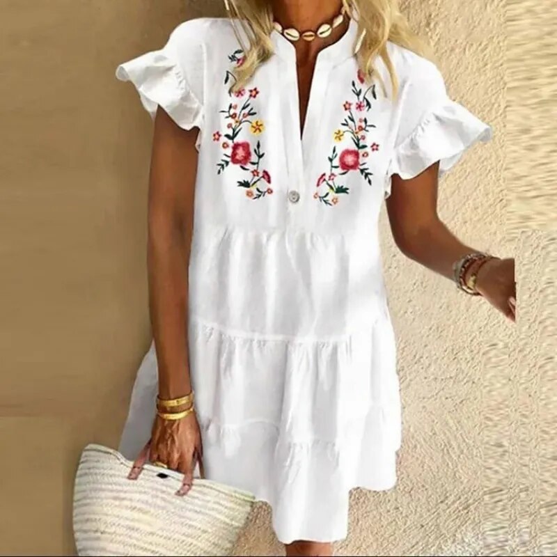 Summer New White Vintage Women Dress Fashion Casual Loose Floral Printed Tunicas Ladies Beach V-neck Ruffle Short Dresses