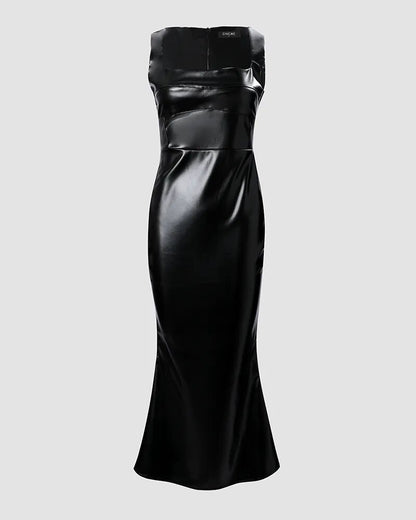 Sleeveless PU Leather Bodycon Dress Women Long Slim Skinny Solid Color Fashion Casual Ankle Length Dress
