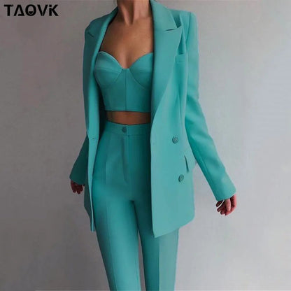 TAOVK Women Suits Female Pant Suits Office Lady Formal Business Set Uniform Work Wear Blazers Camis Tops and Pant 3 Pieces Set