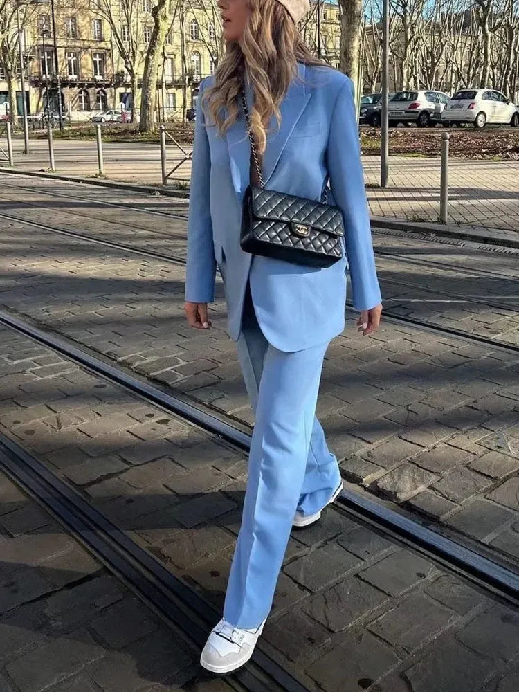 Women's Trouser Suit Blue Blazer Pant Suits Spring Women's Formal Outfits Office Lady Pants Sets One Button Spring Blazer Jacket