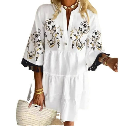 Summer New White Vintage Women Dress Fashion Casual Loose Floral Printed Tunicas Ladies Beach V-neck Ruffle Short Dresses