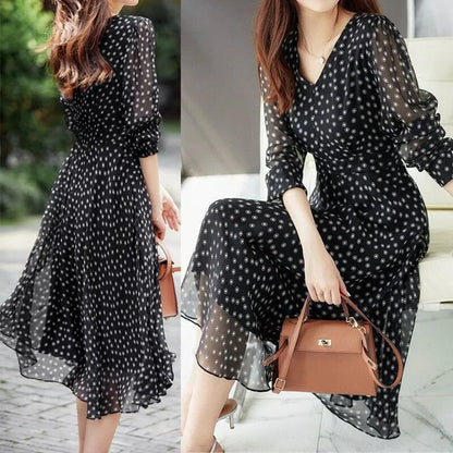 Polka Dot Print Chiffon Elegant Dresses for Women 2023 Summer New Vintage Fashion V-Neck Half Sleeve Casual Ladies Midi Dress