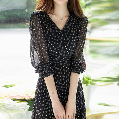 Polka Dot Print Chiffon Elegant Dresses for Women 2023 Summer New Vintage Fashion V-Neck Half Sleeve Casual Ladies Midi Dress