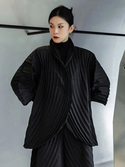 [EAM] Wide Leg Pants Pleated Two Piece Suit New Turtleneck Long Sleeve Black Loose Fit Women Fashion Spring Autumn 2023 1DE3064