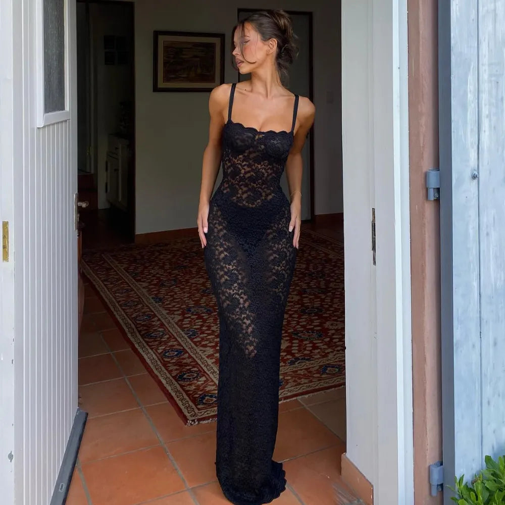 Black Lace Maxi Dress Summer Women Sexy Sheer Slim Evening Party Dresses 2023 Fashion Strap Backless Long Dress Birthday Outfits