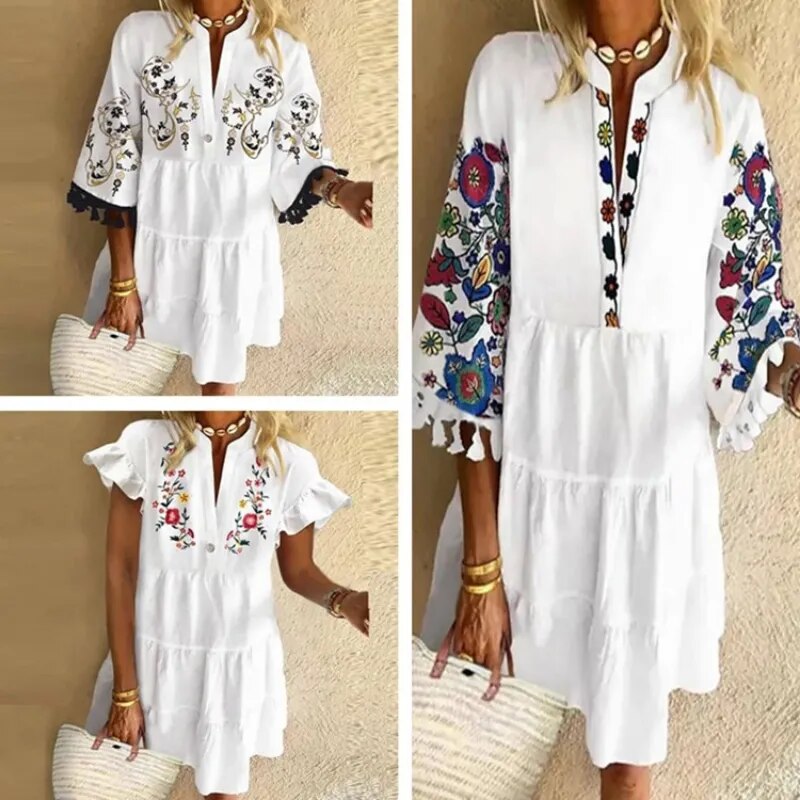 Summer New White Vintage Women Dress Fashion Casual Loose Floral Printed Tunicas Ladies Beach V-neck Ruffle Short Dresses