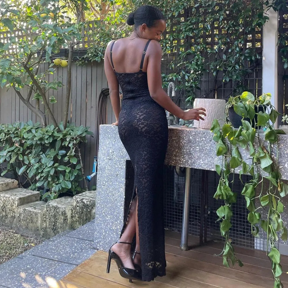 Black Lace Maxi Dress Summer Women Sexy Sheer Slim Evening Party Dresses 2023 Fashion Strap Backless Long Dress Birthday Outfits