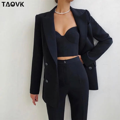 TAOVK Women Suits Female Pant Suits Office Lady Formal Business Set Uniform Work Wear Blazers Camis Tops and Pant 3 Pieces Set