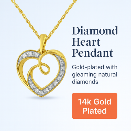 14K Yellow Gold Plated .925 Sterling Silver Diamond Accent Ribbon & Heart 18" Pendant Necklace (H-I Color, I2-I3 Clarity)