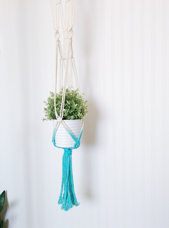 Macrame Plant Hanger, Dip-Dye, Aquamarine