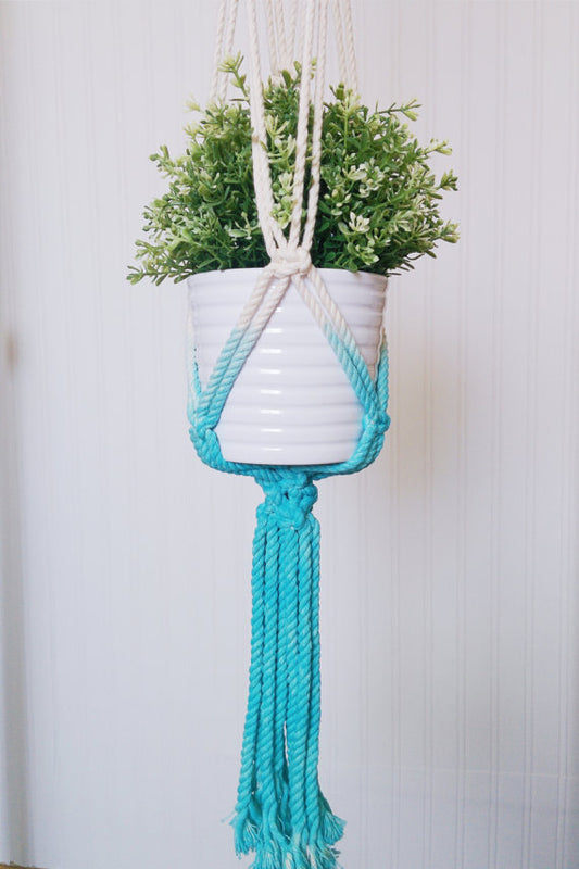 Macrame Plant Hanger, Dip-Dye, Aquamarine